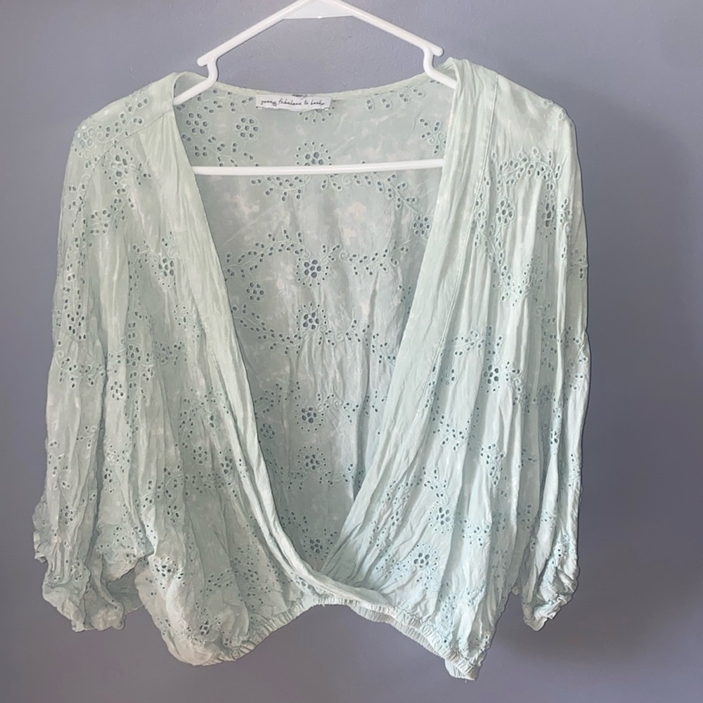 Green eyelet boho faux wrap blouse
